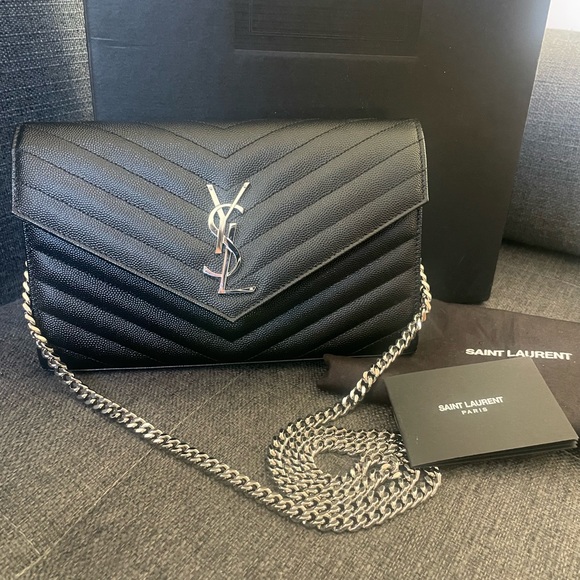 Saint Laurent Black Clutch with Chevron Quilting and Chain Strap - Picture 1 of 12